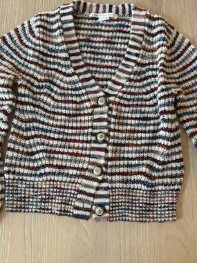 Veronica Beard Striped V‑Neck Cardigan in Cream, Burgundy, Navy “Dolra”